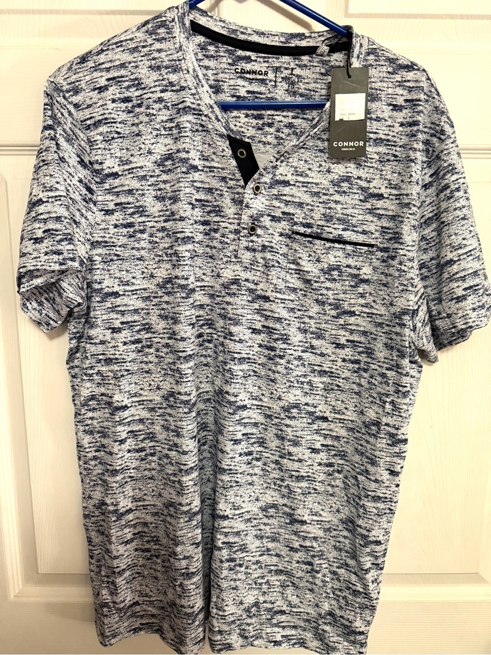 CONNOR Short-Sleeve Heathered Navy and White Henley